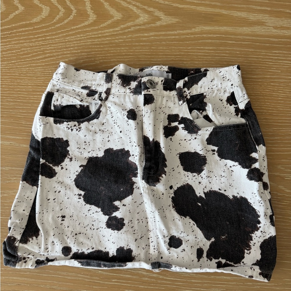 Adika Cow Print Denimn Mini Skirt